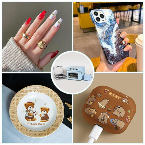 Collage featuring phone case, manicure, bear-themed plate, bear graphic charger; Pro Grade 3D Vacuum Sublimation Tray and Pump Set for 25 L Sublimation Oven