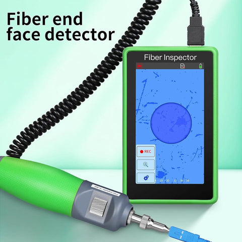 Fiber optic inspection video probe A-600 with 5-inch touchscreen, green handheld unit and coiled cable.