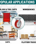 Real Deal 6 Inch Rigid Fixed Caster With Heavy Duty Polyurethane Wheel And 1200 Lb Capacity shown on tool boxes, carts, and workbenches.