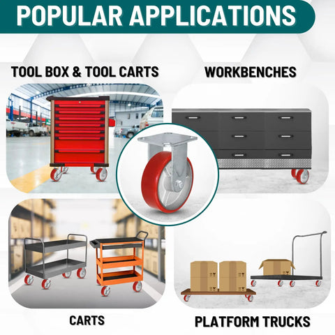 Real Deal 6 Inch Rigid Fixed Caster With Heavy Duty Polyurethane Wheel And 1200 Lb Capacity shown on tool boxes, carts, and workbenches.