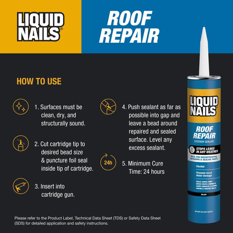 Roof Sealant RR808 For All Weather Leaks And Ice Damage, 10.3 Oz Cartridge With Waterproof Bond instructions and cartridge image