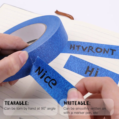 Blue Painters Tape 1 Inch By 180 Feet Per Roll, Three Rolls, shown with writing and tearing features on paper