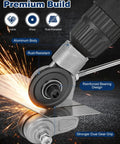 Close-up of Upgraded Sheet Metal Nibbler Tool With Stabilizer Handle For Iron Steel Copper Aluminum Heavy Duty Metal Cutter Drill Attachment showing rust-resistant aluminum body and dual gear.