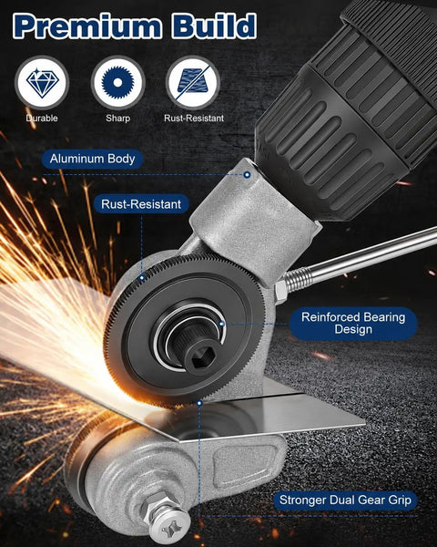 Close-up of Upgraded Sheet Metal Nibbler Tool With Stabilizer Handle For Iron Steel Copper Aluminum Heavy Duty Metal Cutter Drill Attachment showing rust-resistant aluminum body and dual gear.