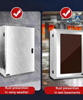 Built Tough Wall Mounted EV Charger Protective Box Stainless Steel Charging Station Enclosure shown in rainy and wet conditions.