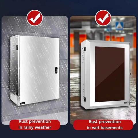 Built Tough Wall Mounted EV Charger Protective Box Stainless Steel Charging Station Enclosure shown in rainy and wet conditions.