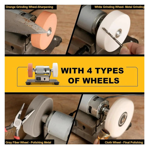 Top-Tier Electric Bench Grinder With Dual Wheels For Polishing Metal, Wood And Knives, showcasing four types of grinding wheels.