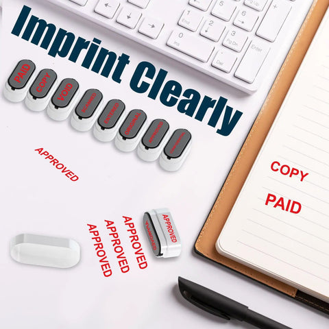Solid Workhorse Eight In One Self Inking Office Stamp Set For Paid Copy Void Scanned Entered Original Approved Confidential Documents Quick Handling Easy Storage And Smooth Daily Desk Operations In Bright Red Ink with various stamps on a desk.