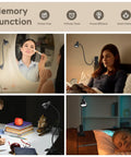 Clip-On Reading Light With Eye Care, 3 Color Modes And 10 Dimmable Levels, Flexible Gooseneck Desk Lamp For Reading In Bed Or On The Headboard, By The Computer Or Nightstand, The Ultimate Cozy Late Night Reading Sidekick in different usage scenarios.