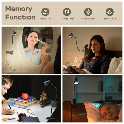 Clip-On Reading Light With Eye Care, 3 Color Modes And 10 Dimmable Levels, Flexible Gooseneck Desk Lamp For Reading In Bed Or On The Headboard, By The Computer Or Nightstand, The Ultimate Cozy Late Night Reading Sidekick in different usage scenarios.