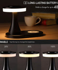 Rechargeable LED Table Lamp With Wireless Charging Pad Dimmable Night Light For Bedroom Patio Nursery Or Restaurant Ambience Cozy Vibes Portable USB Cable Included Black with dimming options shown
