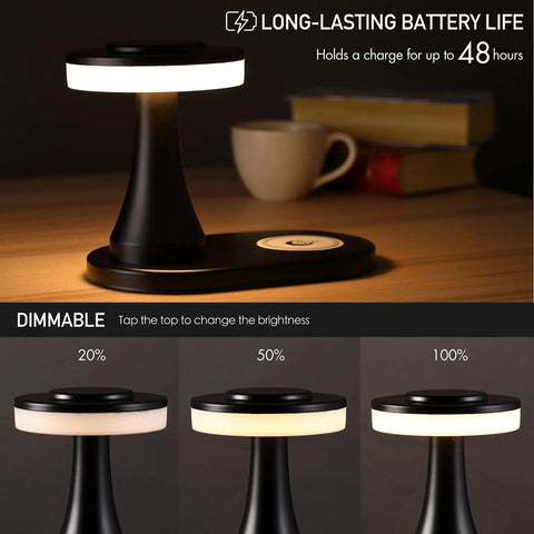 Rechargeable LED Table Lamp With Wireless Charging Pad Dimmable Night Light For Bedroom Patio Nursery Or Restaurant Ambience Cozy Vibes Portable USB Cable Included Black with dimming options shown