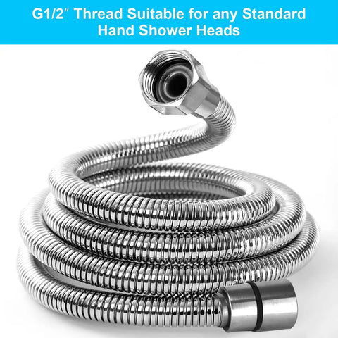 Coiled view of extra long 118 inch stainless steel shower hose for handheld showers with G1/2 universal connector and nut.
