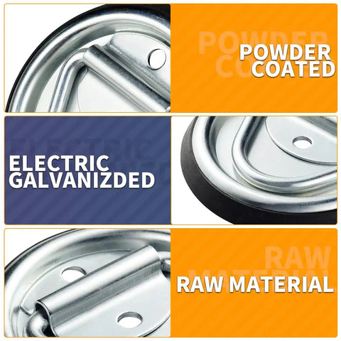 Heavy Duty D Ring Tie Down Anchors Four Inch Flush Surface Mount Hardware Four Pack showing powder coated and galvanized finishes.