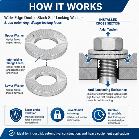 Double Layer Self Locking Washers That Keep Bolts Tight Under Vibration Belleville Style Locking Fasteners For Automotive Industrial Machinery Construction Equipment And Maintenance 1 Inch Stainless Steel Or Dacromet Coated, installed cross section diagram