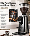 Professional Commercial Coffee Grinder With Programmable Dosage Control And A Massive Seven Hundred Fifty Gram Hopper For Slick Shot Pulls And Zero Grind Waste showcasing 350W motor and coffee bean hopper.