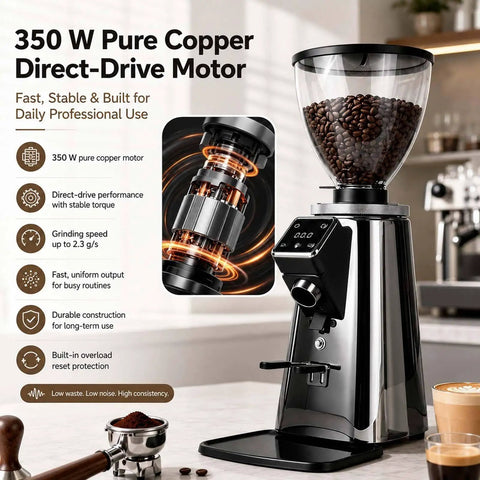 Professional Commercial Coffee Grinder With Programmable Dosage Control And A Massive Seven Hundred Fifty Gram Hopper For Slick Shot Pulls And Zero Grind Waste showcasing 350W motor and coffee bean hopper.