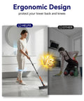 Comparison of Grime Busting 3 In 1 Floor Scrub Brush With Adjustable Long Handle and manual scrubbing in kitchen setting.