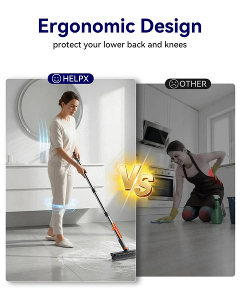 Comparison of Grime Busting 3 In 1 Floor Scrub Brush With Adjustable Long Handle and manual scrubbing in kitchen setting.