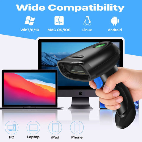 Person holding All In One 1D And 2D Barcode Scanner With Bluetooth USB Wired And 2.4G Wireless 3 In 1 QR PDF417 Data Matrix Handheld Reader