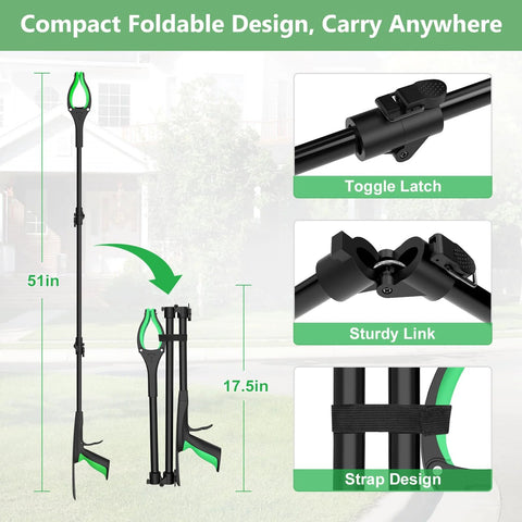 51-inch foldable reacher grabber tool with green accents, magnetic tip and 360-degree rotating anti-slip claw.