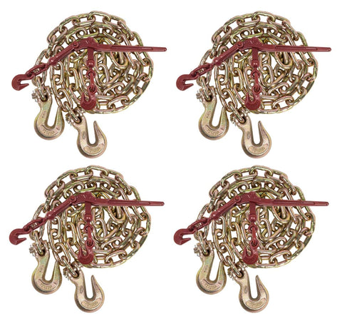 Heavy-Duty Grade 70 Transport Chain And Binder Kit With Four Three-Eighths Inch By Twenty-Foot Chains And Four Lever-Style Binders With Grab Hooks For Truck And Flatbed Tie-Downs, 6,600 Lbs Working Load Per Chain And 9,200 Lbs For Binders