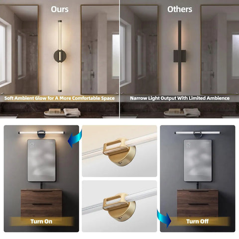 JTsupliight Battery Operated Wall Sconce 2 Pack, Type-C Rechargeable, Black showcasing soft ambient glow versus narrow light output.