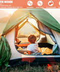 Child sitting inside a tent at sunset, overlooking a field. Elastic design notes visible on tent flap.