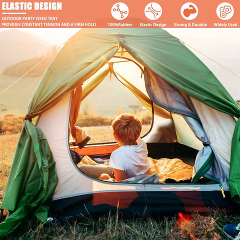 Child sitting inside a tent at sunset, overlooking a field. Elastic design notes visible on tent flap.