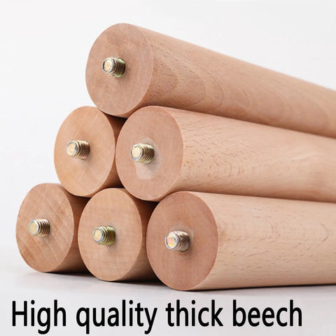 Tough As Nails Beech Wood Furniture Legs With Smooth Roll Casters And Secure Lock Brakes Adjustable Replacement Feet For Couches Drawers Shelves Supports Heavy Duty Up to 660 Lbs showing thick beech wood with metal fittings.
