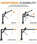 Garvee 1000-lb black pickup truck crane infographic showing four boom positions: up, down, retract, extend