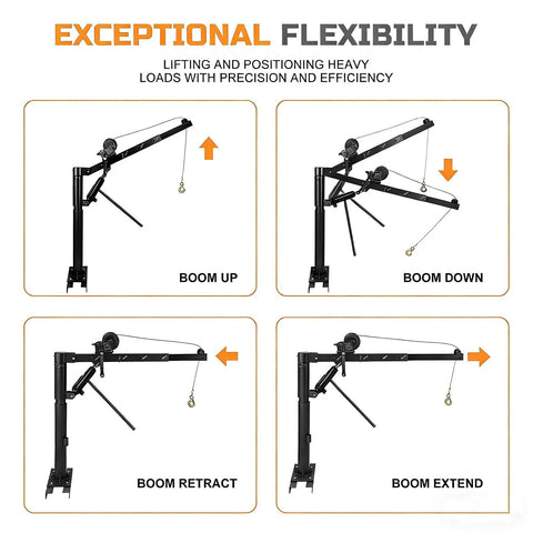 Garvee 1000-lb black pickup truck crane infographic showing four boom positions: up, down, retract, extend
