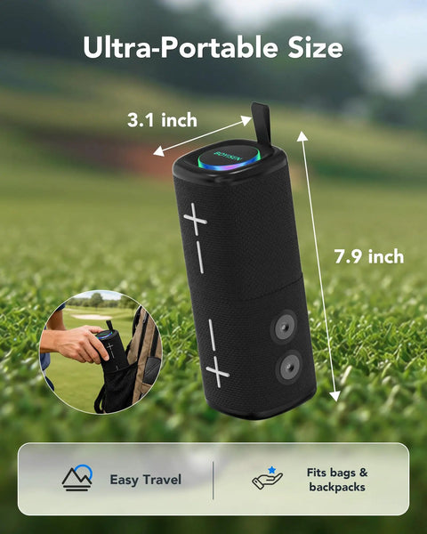 Badass Two In One Split Magnetic Bluetooth Speaker Packing Crushing Stereo Bass And Wireless Portability For Golf Carts Trucks And RVs, showing ultra-portable size of 3.1 inch by 7.9 inch.