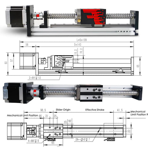 FSL40 Linear Guide Rail Slide Version 2.0 Ball Screw Motion Table with Nema 23 Stepper, 450mm stroke, beefy aluminum body, technical diagrams