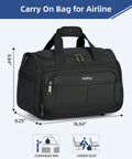 Under Seat Carry On Duffel Bag For Travel Lightweight Weekender Personal Item For Airplanes Black with dimensions shown