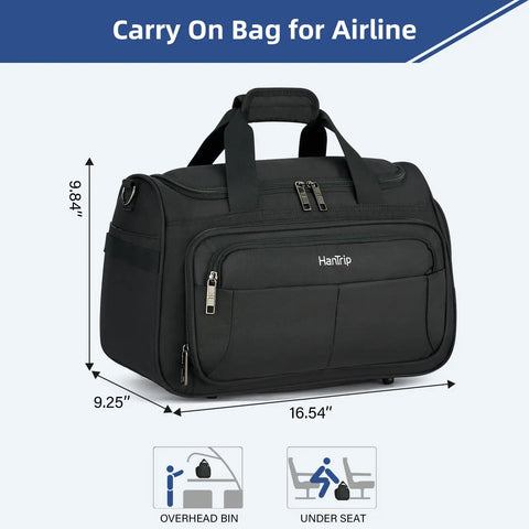 Under Seat Carry On Duffel Bag For Travel Lightweight Weekender Personal Item For Airplanes Black with dimensions shown
