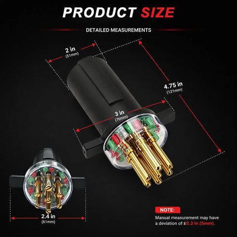 7 Way Round Pin Trailer Plug Tester With LED Indicators Replaces 7865L For Trucks And Trailers A Durable Diagnostic Tool For Mechanics And Fleet Drivers Perfect For Quick Electrical Checks And Cleaning Corrosion While Delivering Accurate Diagnostics. product size diagram with 4.75 in and 2.4 in measurements