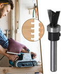Man using a tool with Top Tier Four Piece Dovetail Router Bit Set Featuring Precision Bearing Guides for woodworking.