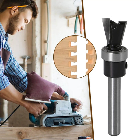 Man using a tool with Top Tier Four Piece Dovetail Router Bit Set Featuring Precision Bearing Guides for woodworking.