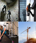 Collage of various activities: rock climbing, construction worker on a building, woman exercising, and a construction crane.