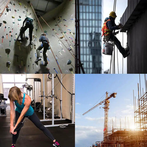 Collage of various activities: rock climbing, construction worker on a building, woman exercising, and a construction crane.