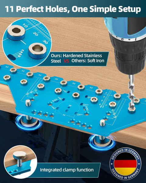 2-In-1 Cabinet Jig With 11-Hole Shelf Pin Guide And Concealed Hinge Drilling Template on wood during installation