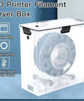 See Through Filament Dryer Box For 3D Printer with airtight seal, clear box showing filament reel and locking clips, moisture proof.