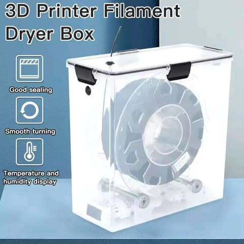 See Through Filament Dryer Box For 3D Printer with airtight seal, clear box showing filament reel and locking clips, moisture proof.