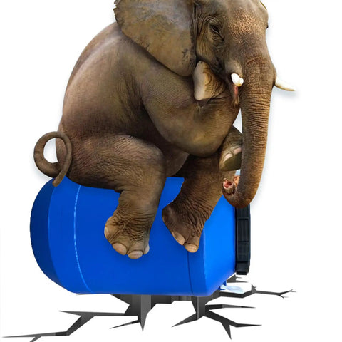 Elephant balancing on Food Grade Plastic Sealed Storage Barrel With Inner And Outer Double Seal Screw Lid, Airtight Heavy Duty 8 Gallon Blue
