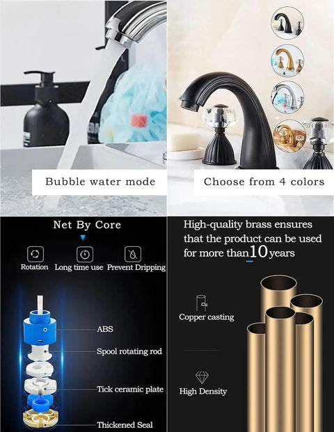 Black Three Hole Widespread Bathroom Faucet with crystal handles, color options, brass body, and water flow demonstration