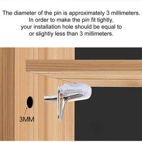 Super Sturdy 30 Pack Cabinet Shelf Support Pegs 3mm Adjustable Shelving Brackets in a wood panel with a pin installation hole.
