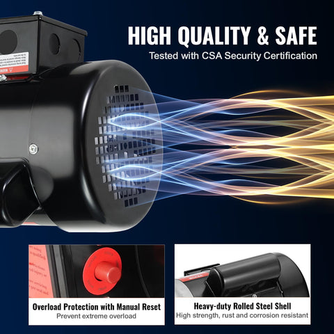 Close-up of 0.75HP Electric Motor With Dual CW CCW Rotation, showing fan grille, and features like overload protection.