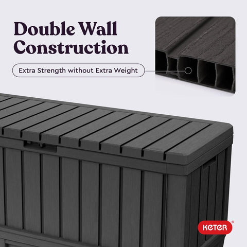 92 Gallon Resin Deck Box In Dark Gray For Outdoor Storage with double wall construction and extra strength detail shown