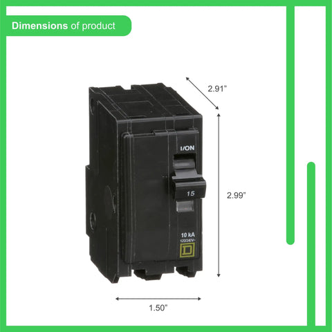 QO 15 Amp Two Pole Circuit Breaker Plug On Design product dimensions, 2.91 x 2.99 x 1.50 inches, black